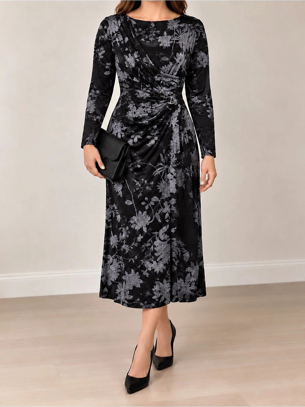 Lauren Ralph Lauren Long-Sleeve Floral Jersey Faux-Wrap Dress Black & Gray Size